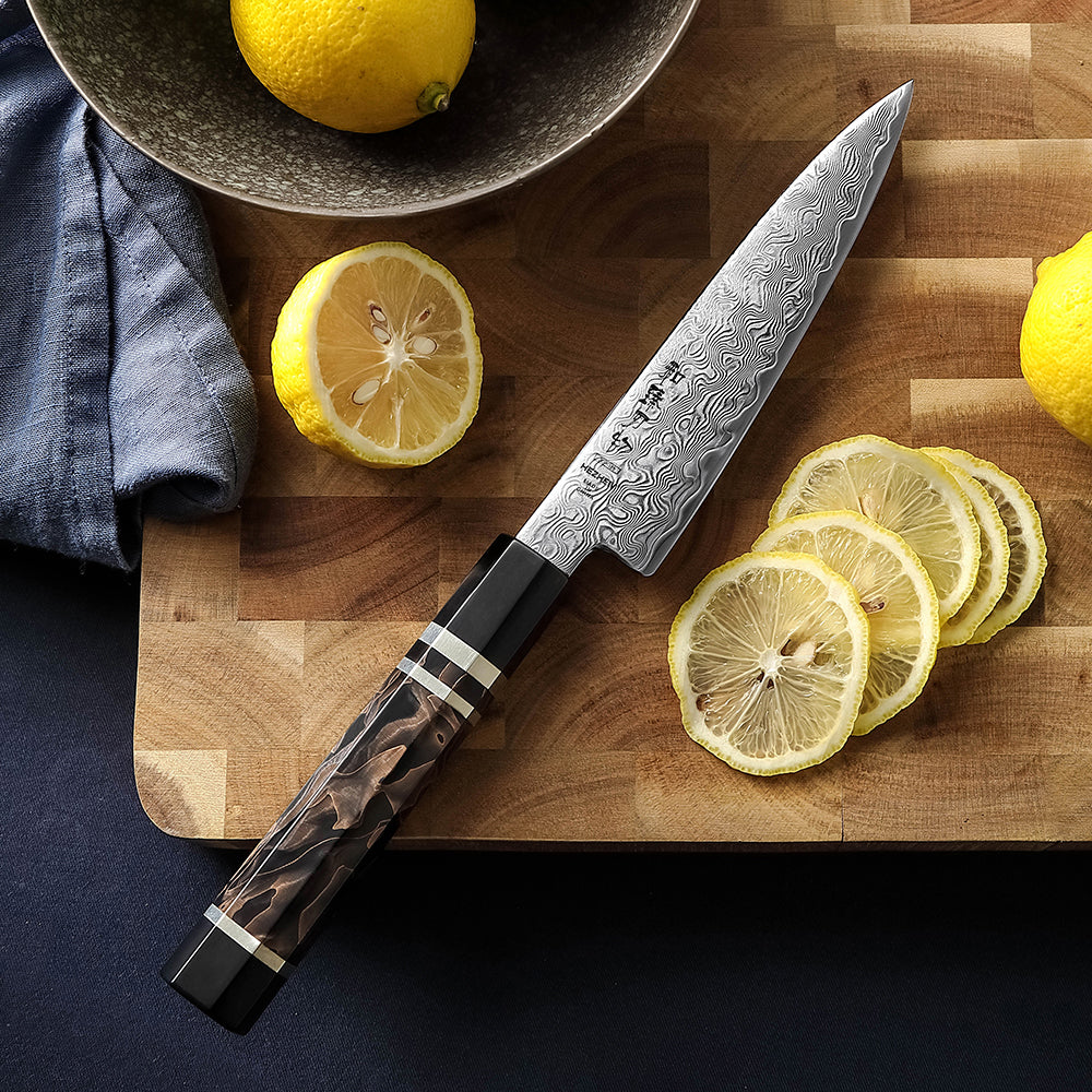 HEZHEN 5.6 Inches Kitchen Utility Knife, 49 Layers Damascus Steel with Japanese ZDP-189 Steel, 65-67 HRC, Japanese Octagonal Handle
