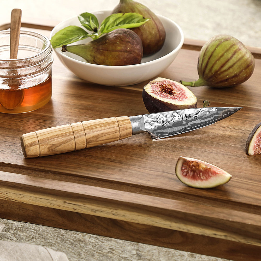 HEZHEN 9-Layer Forged Damascus Paring Knife, 12Cr18MoV Steel 60±2HRC Sharp Fruit Knife, Ergonomic Olive Wood Handle for Peeling & Slicing
