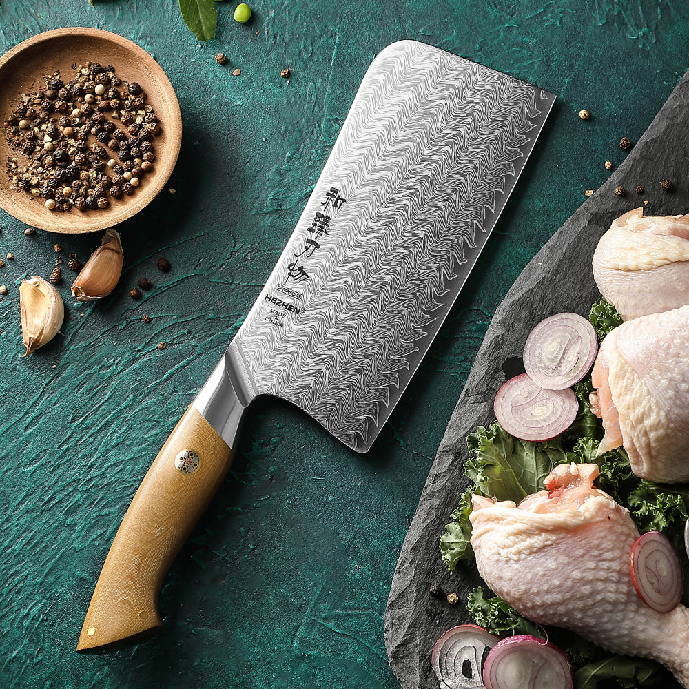 HEZHEN 7 Inches Chinese Bone Choping Knife, 67 Layers Damascus Steel with Linen Micarta Handle, Gift Box Package- B38L Series