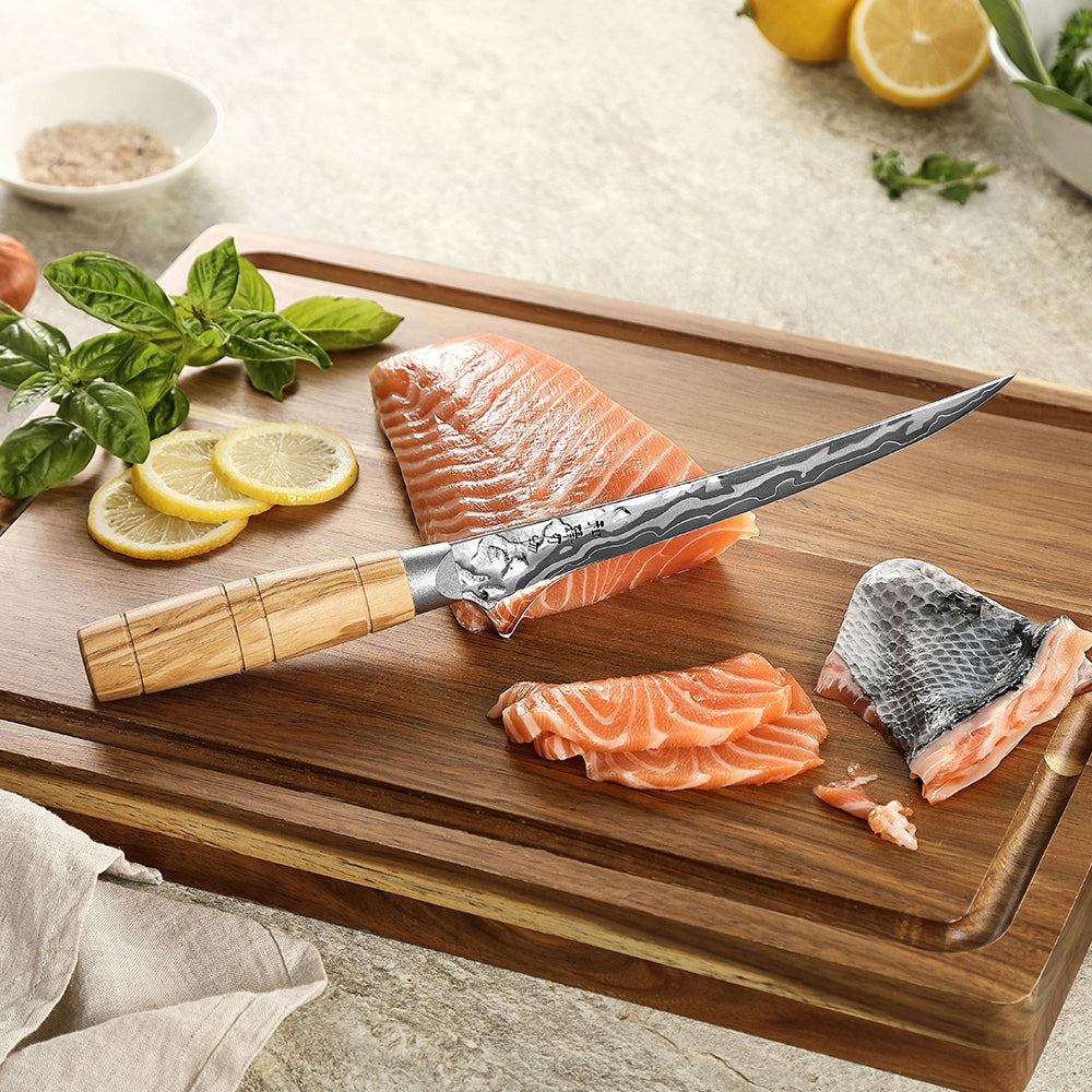 HEZHEN 7.2”Seafood Fillet Knife Professional 9-Layer Damascus,Razor Sharp Blade, Non-Slip Olive Wood Grip for Fish Deboning & Sashimi Cutting