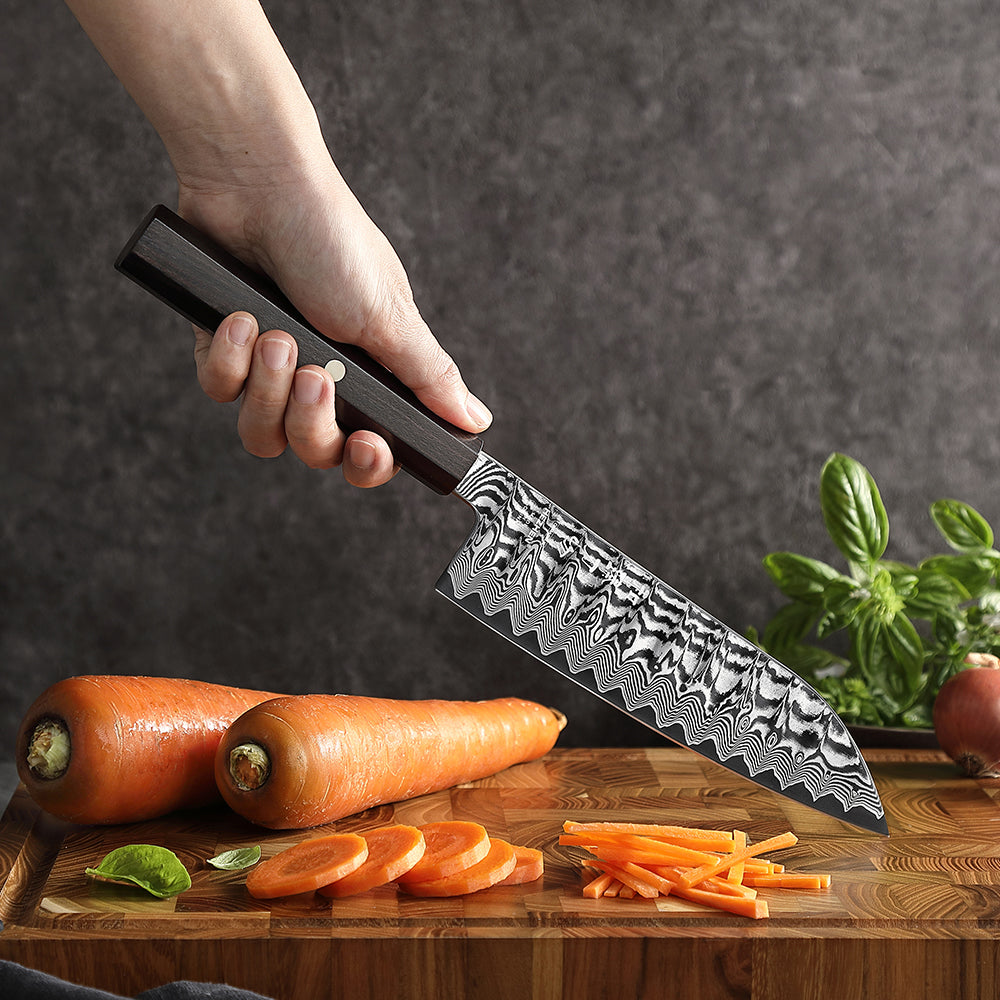 HEZHEN 3PCS Damascus Kitchen Knife Set, Utility + Santoku + Bunka Knife, 10Cr15CoMoV Steel Core, Unique Wavy Hammered Pattern