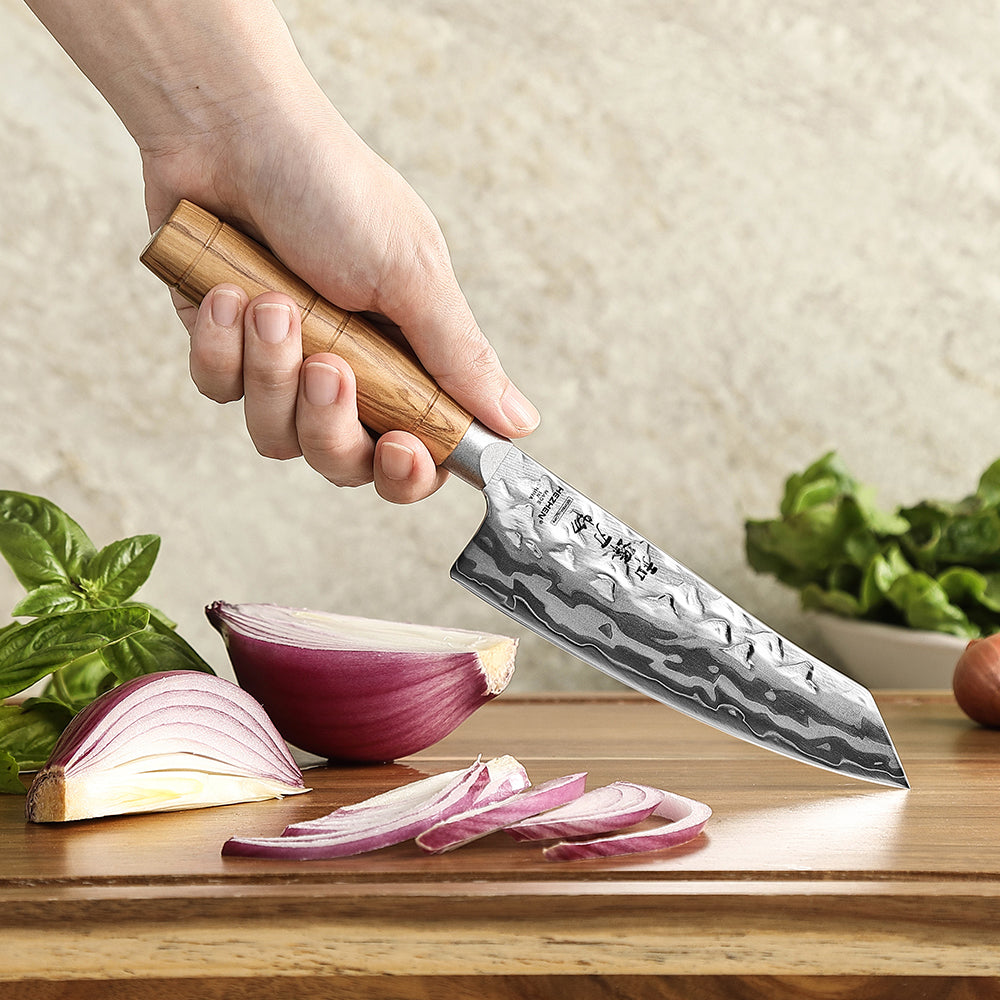 HEZHEN Damascus 5.9" Santoku Kitchen Knife, 9-Layer Forged 12Cr18MoV Steel,All-in-One Cutter for Meat, Fish & Vegetables
