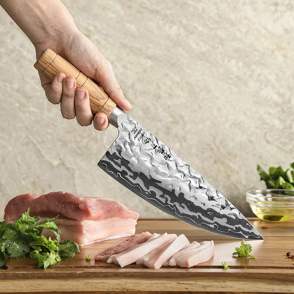 HEZHEN 8.1 Inches Butcher Knife Forged 12Cr18MoV Steel Core,Damascus Steel Blade,Ergonomic Olive Wood Handle,High Hardness Sharp Meat Cutting Knife