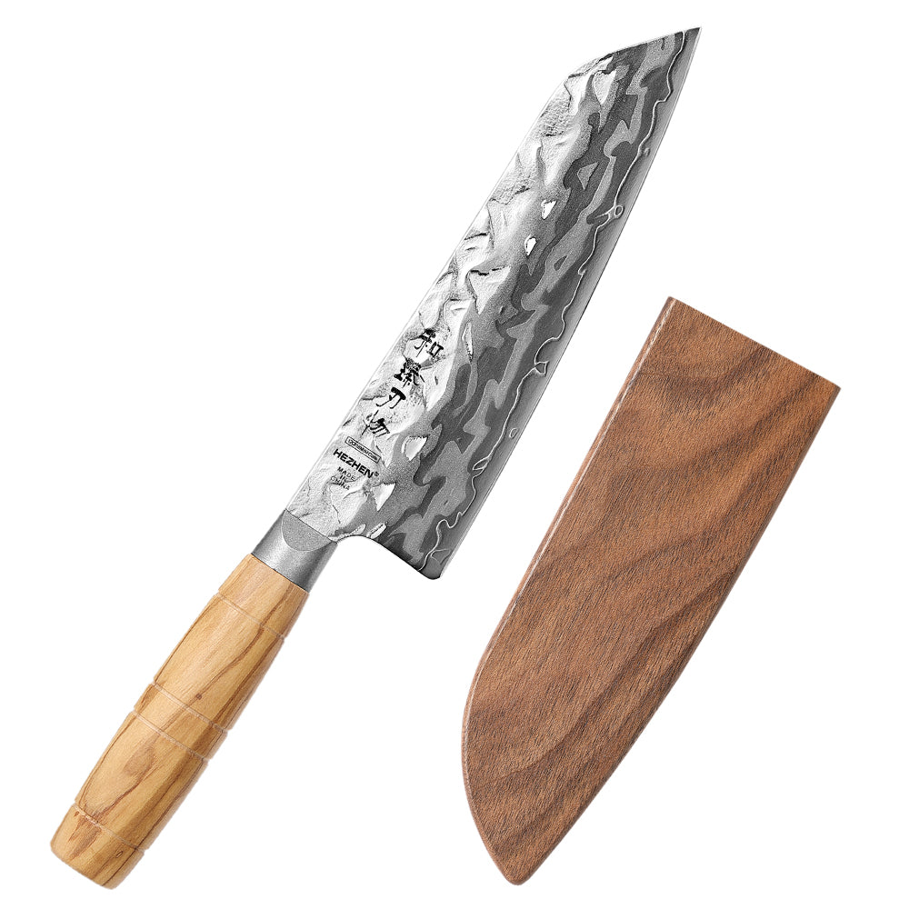 HEZHEN Versatile 9‑Layer Damascus Santoku – 3‑Virtue Blade with Olive Wood Handle