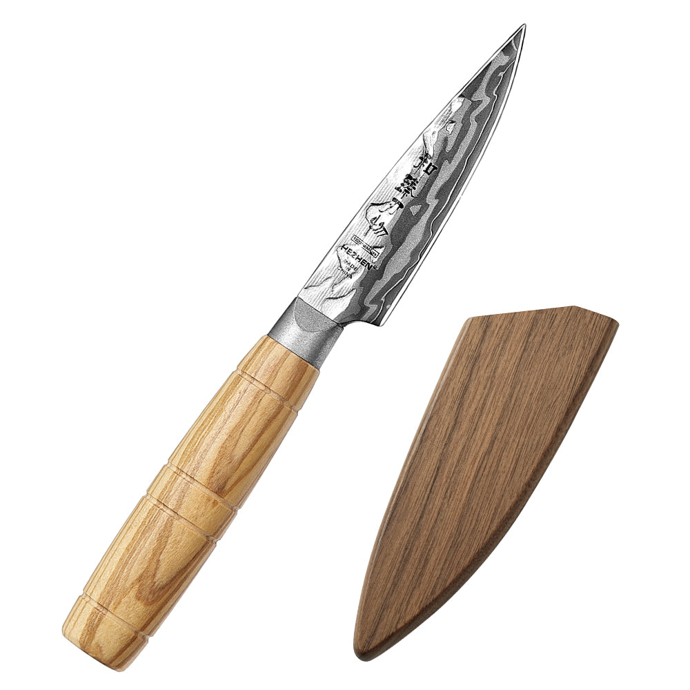 HEZHEN 9-Layer Forged Damascus Paring Knife, 12Cr18MoV Steel 60±2HRC Sharp Fruit Knife, Ergonomic Olive Wood Handle for Peeling & Slicing