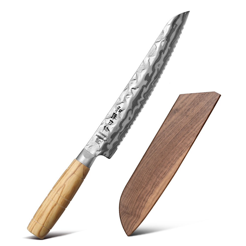 HEZHEN Serrated 9‑Layer Damascus 8.1'Bread Knife – 12Cr18MoV, Effortless Crust‑Cutting & Crumb Protection