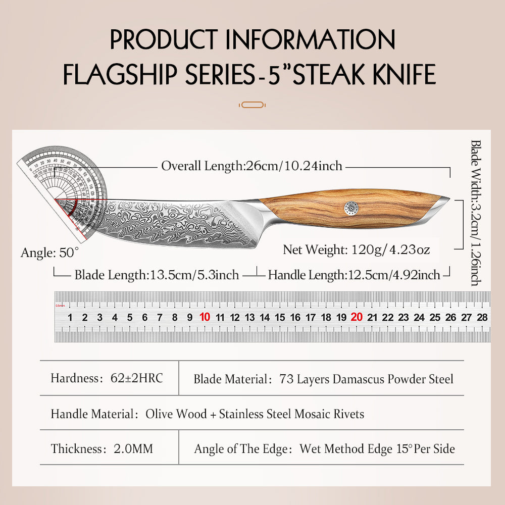 HEZHEN Premium 73-Layer Damascus Steel Steak Knife,ith Ergonomic Olive Wood Handle – Razor-Sharp 15° Edge