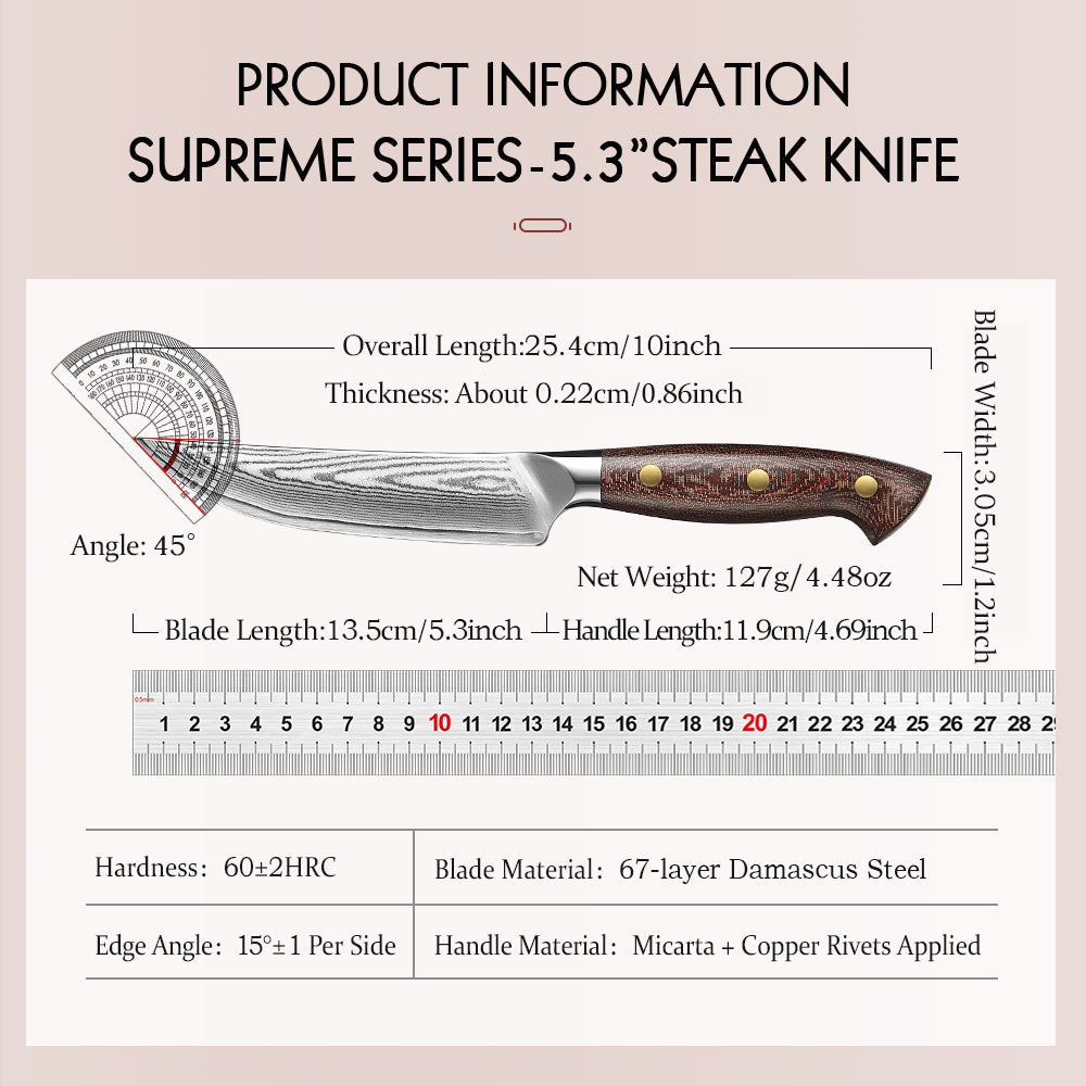 Hezhen Premium 5.3 Inches Steak Knife,67 Layers Damascus Steel Blade,Ultra-Sharp 15° Edge,Exquisite Patterns
