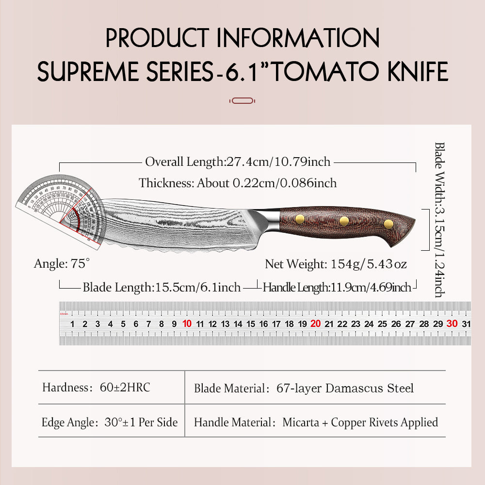 HEZHEN 6.1 Inches Damascus Steel Tomato Knife, 10Cr15CoMoV Steel Core With Micarta Handle,Elegantly Packaged in a Gift Box