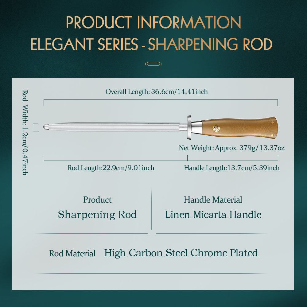 HEZHEN Professional High Carbon Steel Chrome Plated Sharpening Rod with Linen Micarta Ergonomic Handle, Kitchen Knife Honing Steel for Home & Chef Use