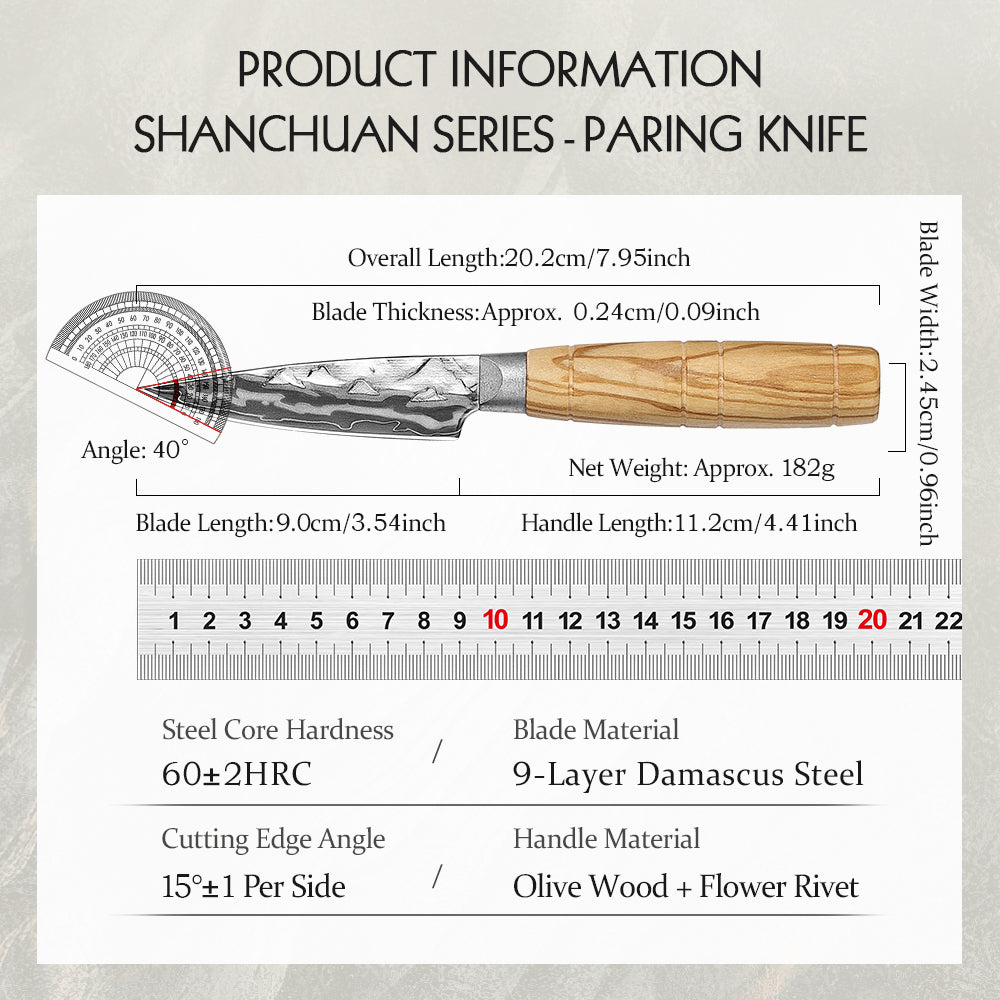 HEZHEN 9-Layer Forged Damascus Paring Knife, 12Cr18MoV Steel 60±2HRC Sharp Fruit Knife, Ergonomic Olive Wood Handle for Peeling & Slicing