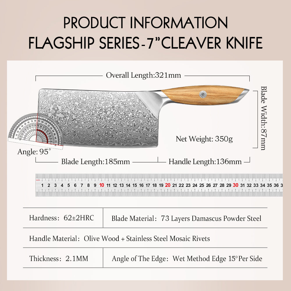 HEZHEN 7 Inches Meat Cleaver Knife, 73 Layers Damascus Powder Steel, Olive Wood Handle, Gift Ready-Flagship Series