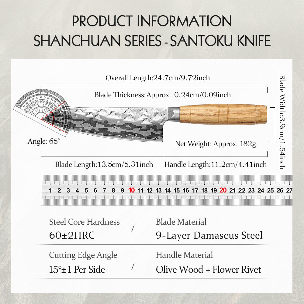 HEZHEN Damascus 5.9" Santoku Kitchen Knife, 9-Layer Forged 12Cr18MoV Steel,All-in-One Cutter for Meat, Fish & Vegetables