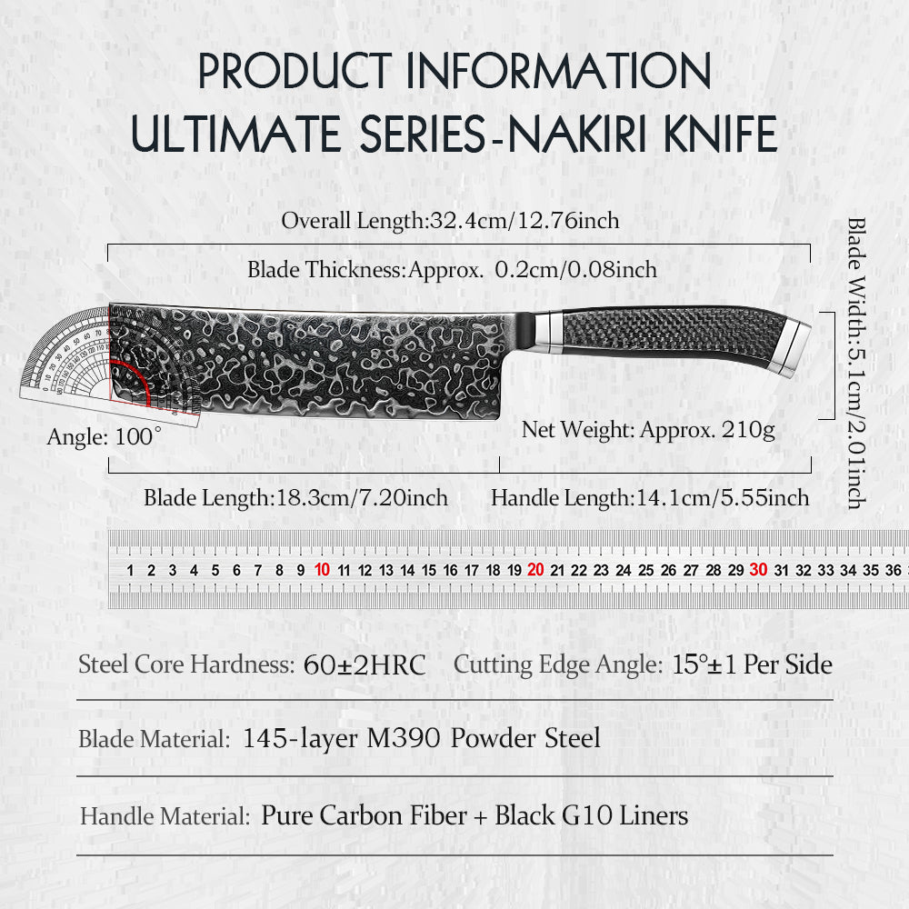 HEZHEN ZhiZhen Series 7.2”Nakiri Knife,145-layer Damascus Steel With an M390 Core,Pure Carbon Fiber Handle