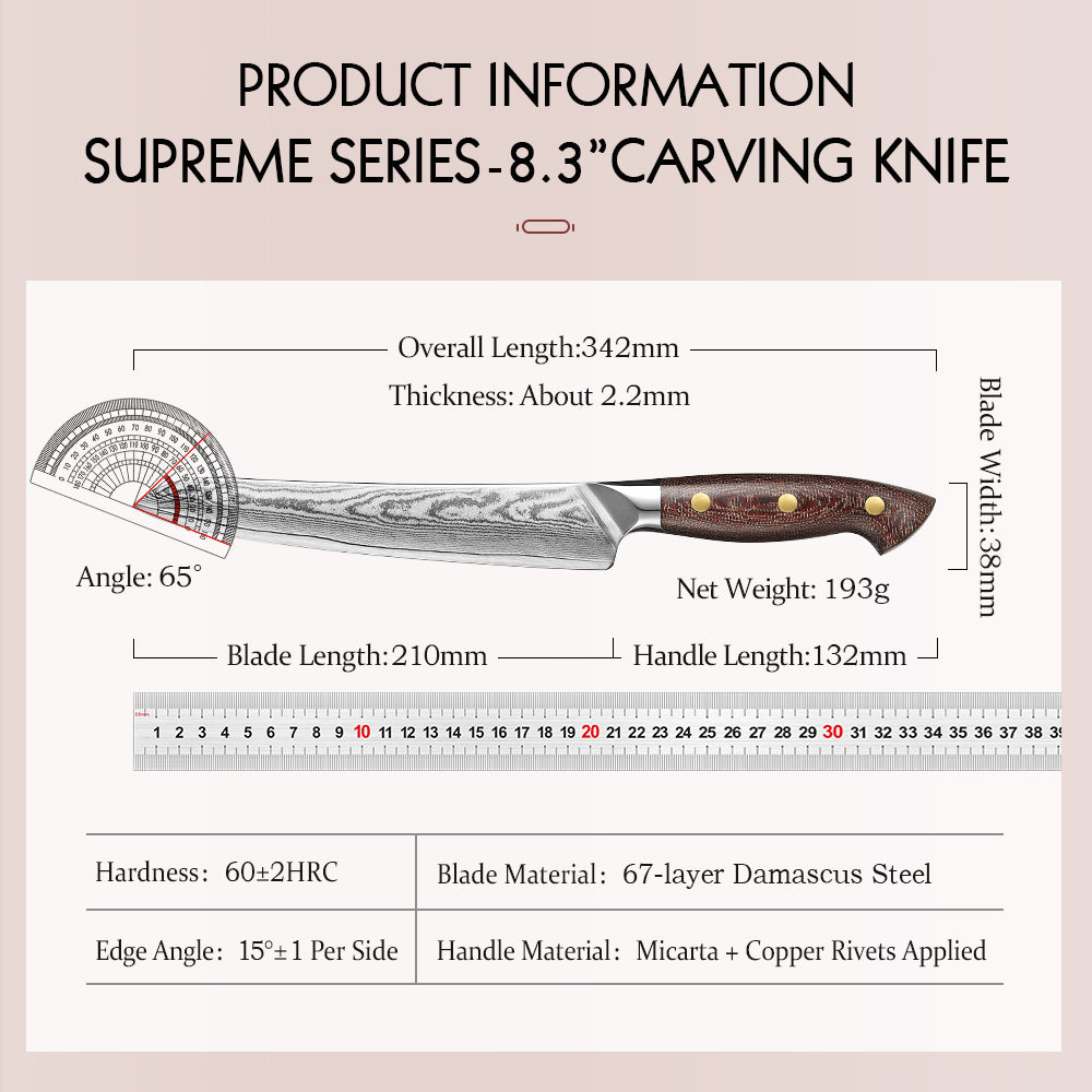 HEZHEN 8.3-Inch Professional Carving Knife – 67-Layer Damascus Steel with 10Cr15CoMoV Core at 60±2HRC, Ergonomic Handle Design