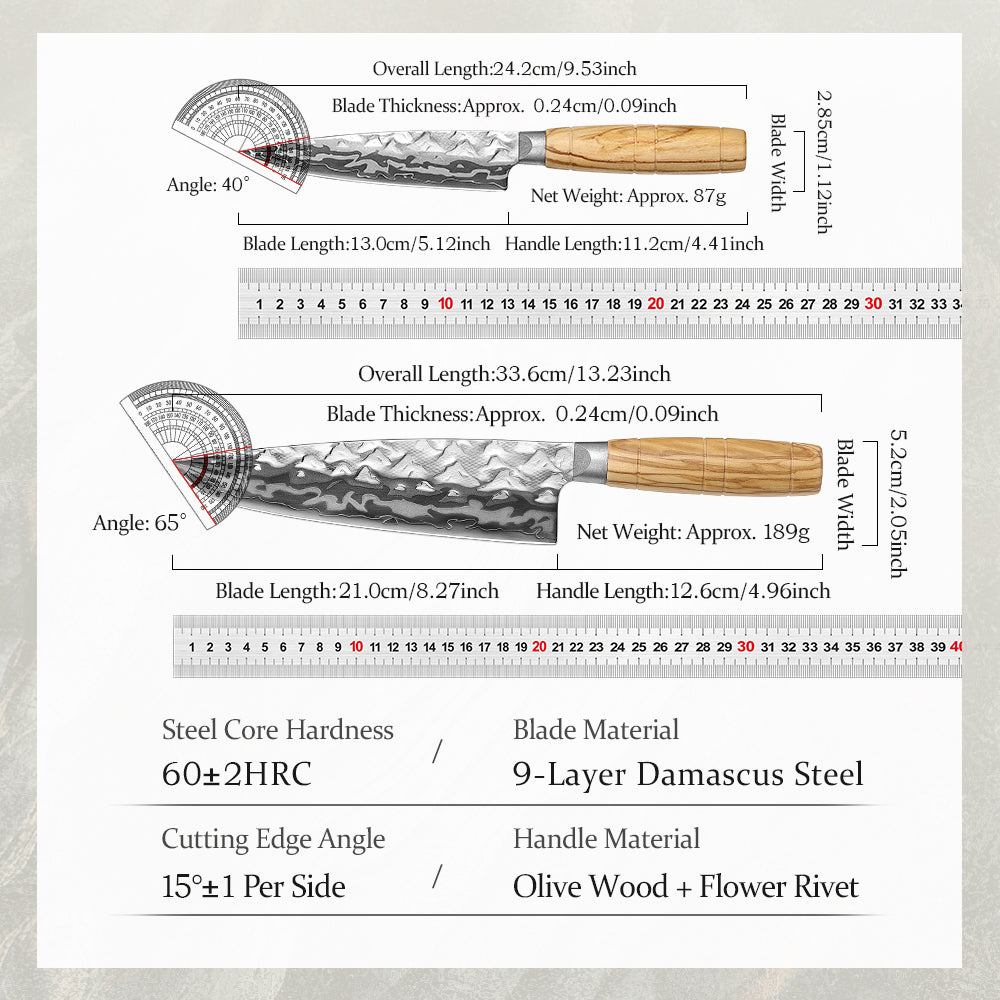 HEZHNE 2PCS Damascus Kitchen Knife Set, 9-Layer Forged 12Cr18MoV Steel Core Ultra Sharp Chef & Utility Knife, 60±2HRC Ergonomic Olive Wood Handle