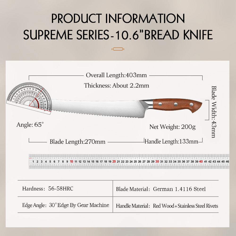 HEZHEN 10.6 Inches German Stainless Steel Bread Knife Ergonomic & Rust Resistant for Home Kitchen
