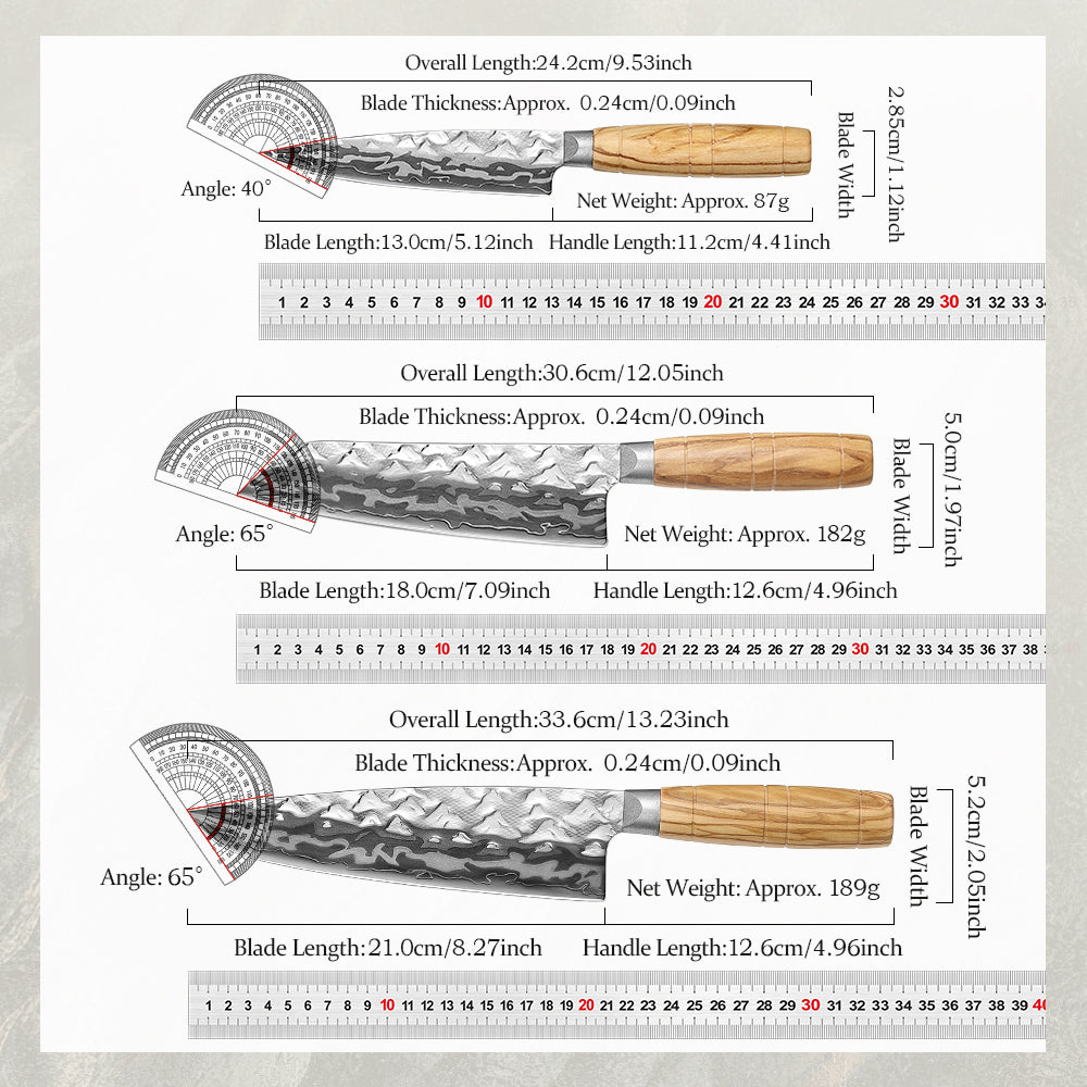 HEZHEN 3PCS Forged Damascus Knife Set, 12Cr18MoV Steel Core, Premium Olive Wood Handle with Copper Rivet, Home Cooking