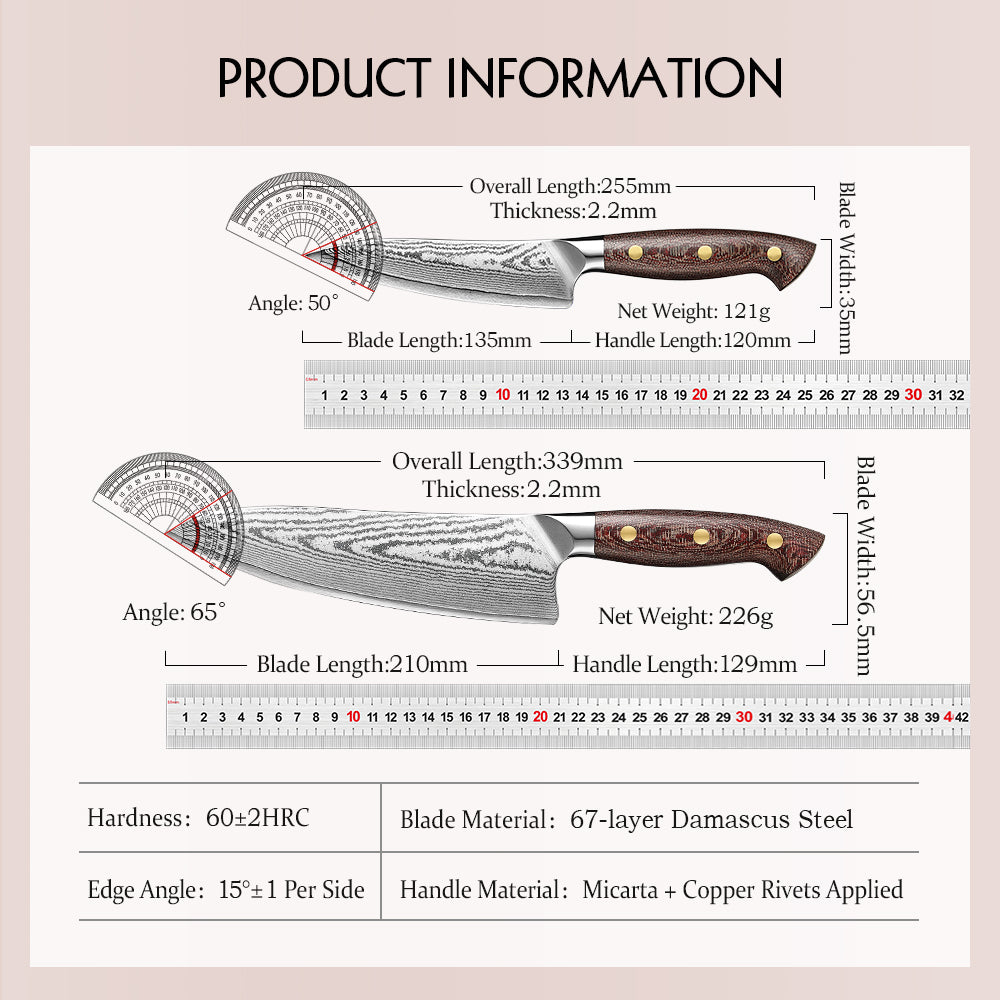 HEZHEN 2-Piece Damascus Steel Knife Set with  High-Carbon 67-Layer Damascus Steel Utility Knife and Chef Knife For Meat Vegetables Fruits and Daily Meal Prep