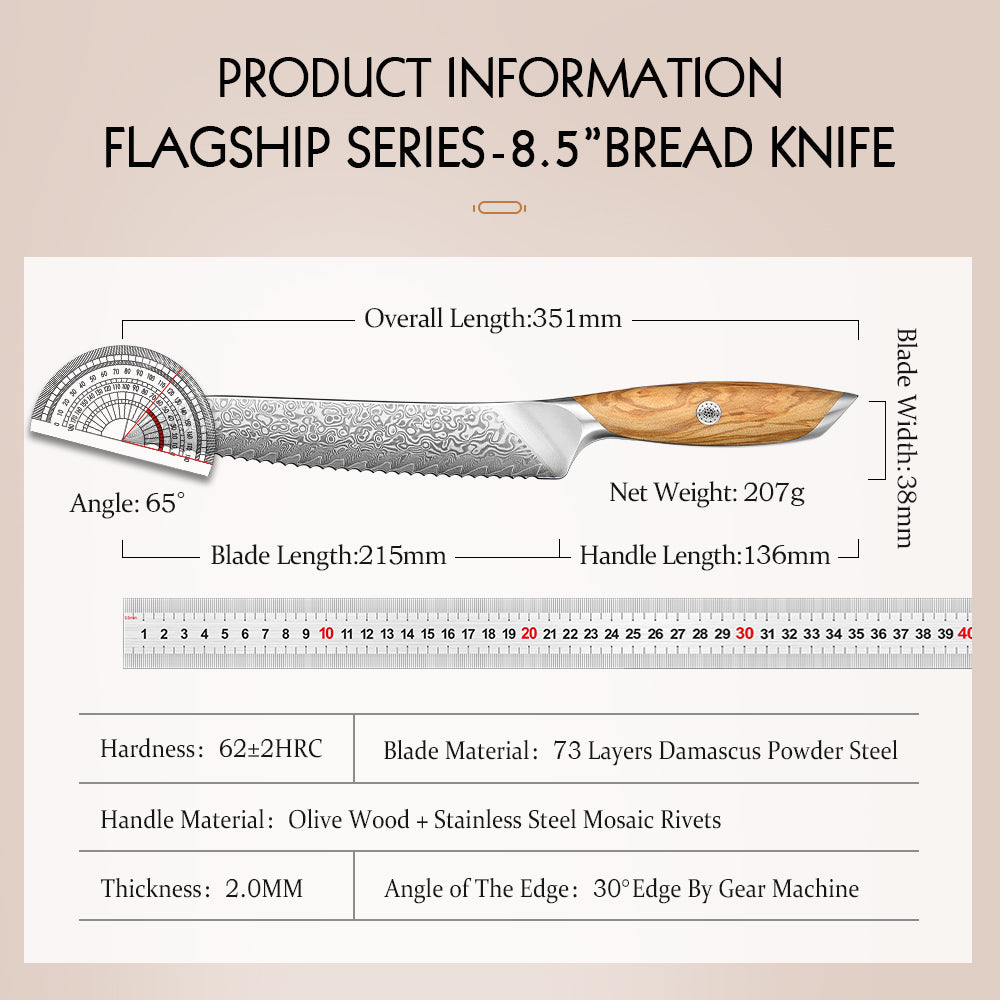 HEZHEN 8.5  Inches Serrated Bread Knife, 73 Layers Damascus Powder Steel, Olive Wood Handle, Gift Ready-Flagship Series