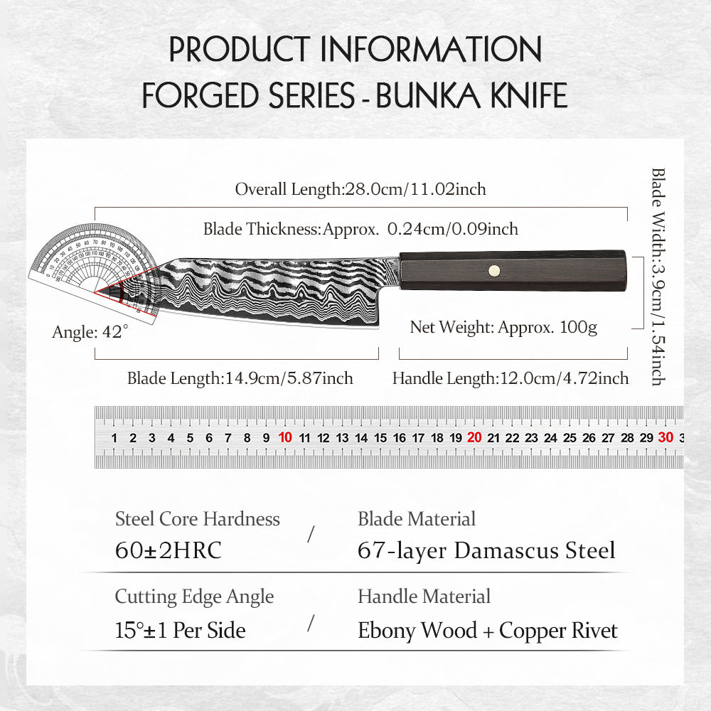 HEZHEN 5.9" Bunka Knife – 67-Layer Damascus Steel Blade,  15° Edge Angle, Versatile Chef Knife for Meat, Vegetables & Fruits