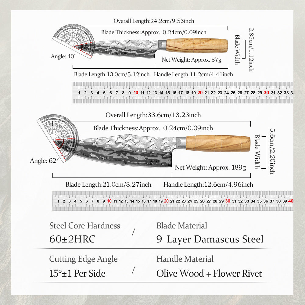 HEZHEN 2PCS Kitchen Knife Set, 9-Layer Forged Damascus Steel,W Chef & Utility Knife, 60±2HRC Ultra Sharp Blade