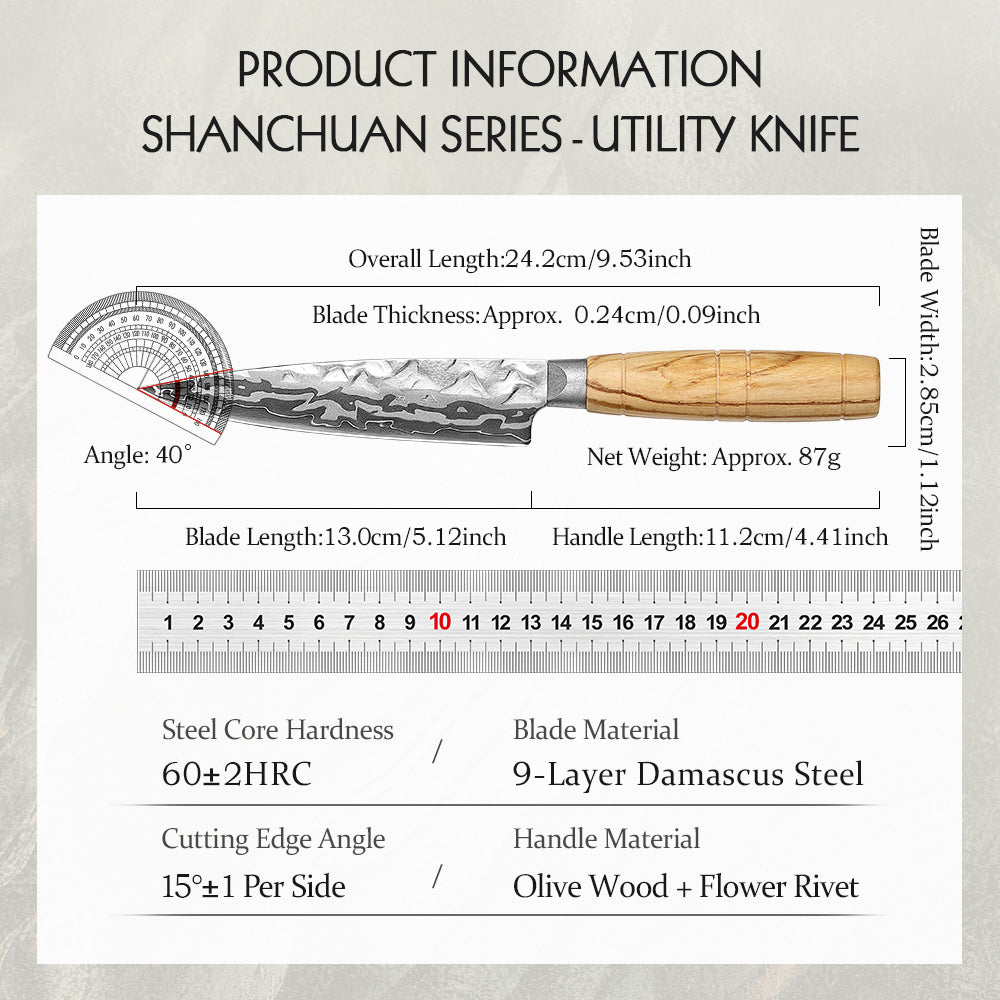 HEZHEN Multi‑Purpose 5.1 Inches Utility Knife 9‑Layer Damascus  – Compact & Sharp, Gifts & Personal Use