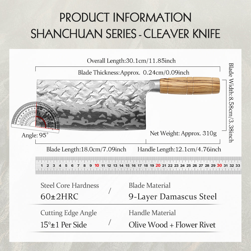 HEZHEN 7.1 Inches Cleaver Knife– 12Cr18MoV Steel Core With Olive Wood Grip Everyday Cooking Knife