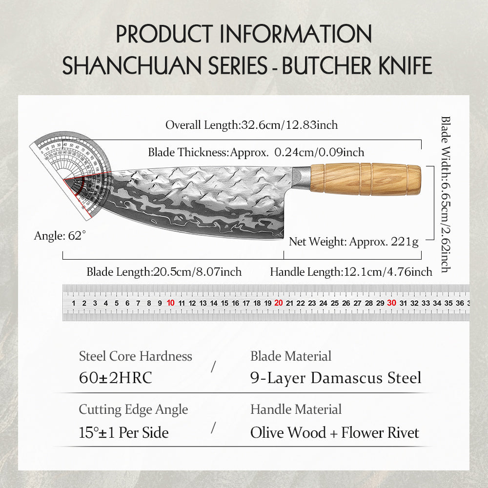 HEZHEN 8.1 Inches Butcher Knife Forged 12Cr18MoV Steel Core,Damascus Steel Blade,Ergonomic Olive Wood Handle,High Hardness Sharp Meat Cutting Knife