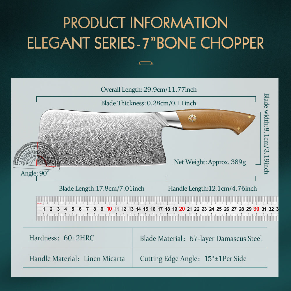 HEZHEN 7 Inches Chinese Bone Choping Knife, 67 Layers Damascus Steel with Linen Micarta Handle, Gift Box Package- B38L Series