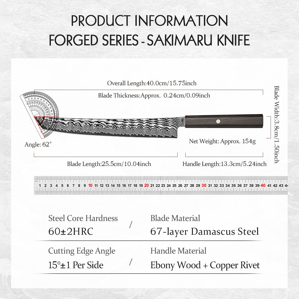 HEZHEN 10 Inch Japanese Sakimaru Knife, 67-layers Damascus Steel, Ergonomic Ebony Wood Handle, Smooth Precision Slicing Kitchen Knife