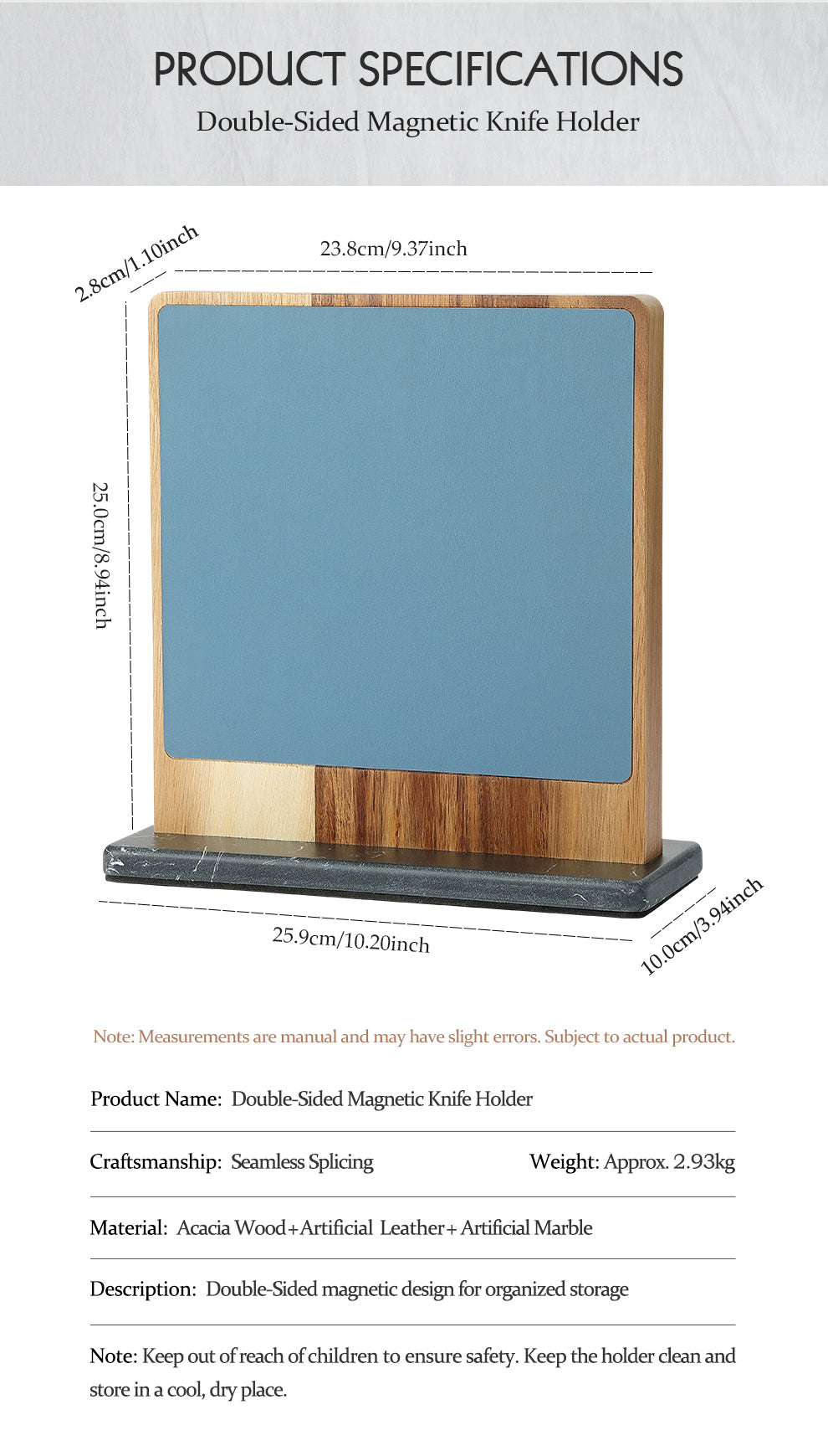 HEZHEN Dual-Side Magnetic Knife Holder with Leather Surfaces | Raw & Cooked Separation | Acacia Wood & Marble Base