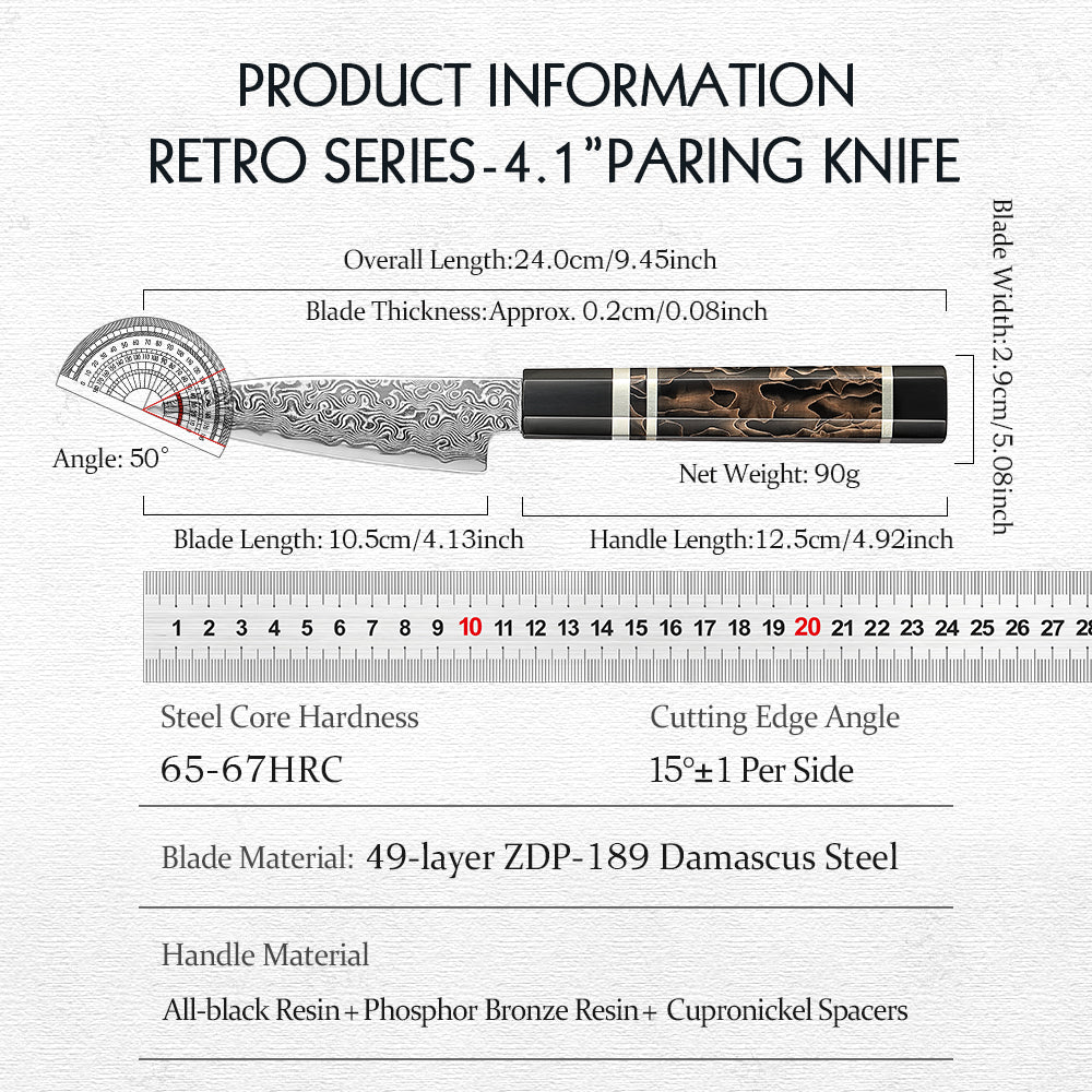 HEZHEN 4.1-Inch Paring Knife – 49-Layer ZDP-189 Damascus Steel, Core Hardness 65-67 HRC, Small Fruit Knife