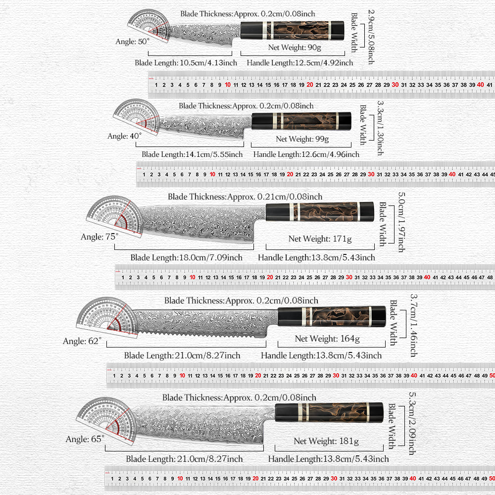HEZHEN 5-Piece Damascus Knife Set – Paring, Utility, Santoku, Bunka & Bread Knife, 49-Layer ZDP-189 Steel,  Gift Box