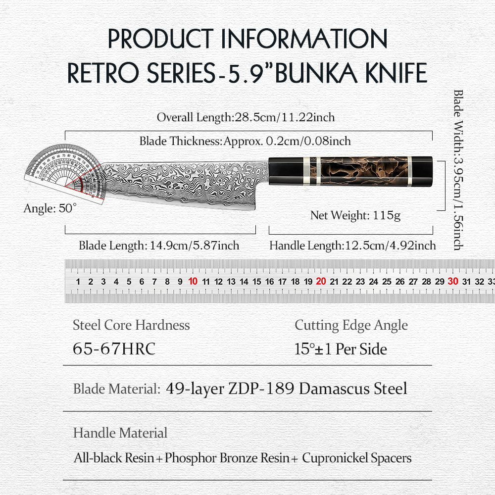 HEZHEN 5.9 Inch Bunka Knife, 49-layer ZDP-189 Damascus Steel, Ultra Sharp Blade, Ergonomic Octagonal Handle