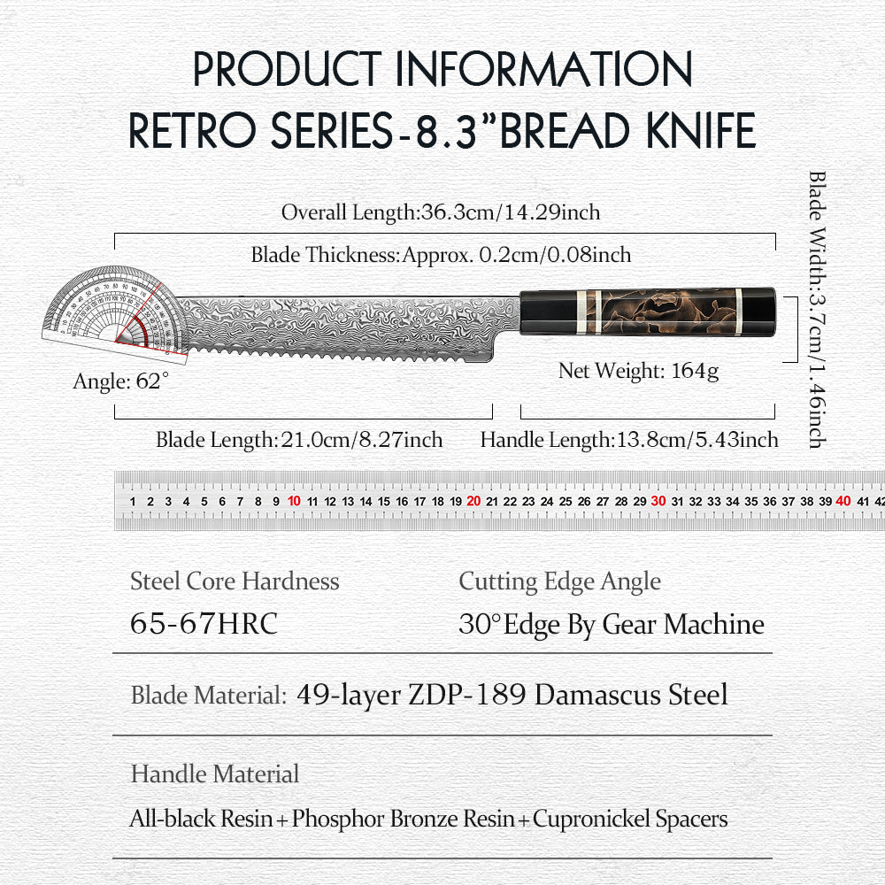 HEZHEN 8.3 Inch Serrated Bread Knife 49-Layer Hitachi ZDP-189 Damascus Steel, Japanese Octagonal Ergonomic Resin Handle