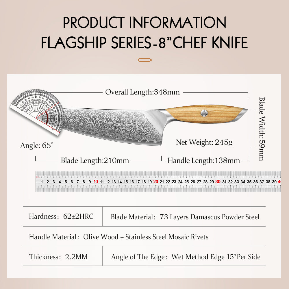 HEZHEN 8 Inches Chef Knife, 73 Layers Damascus Powder Steel, Olive Wood Handle, Gift Ready-Flagship Series