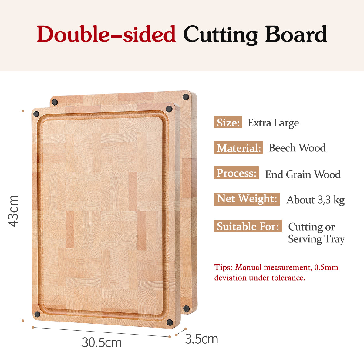 HEZHEN Premium End-Grain Beech Wood Chopping Board – Double-Sided with Juice Groove, Non-Slip Feet & Handles – Multipurpose Kitchen & Serving Tray