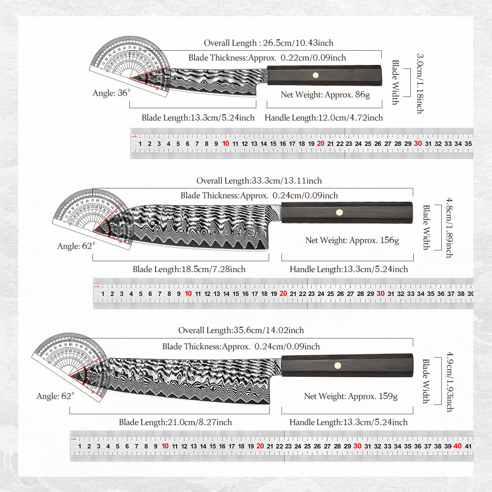 HEZHEN 3PCS Damascus Kitchen Knife Set, Utility + Santoku + Bunka Knife, 10Cr15CoMoV Steel Core, Unique Wavy Hammered Pattern