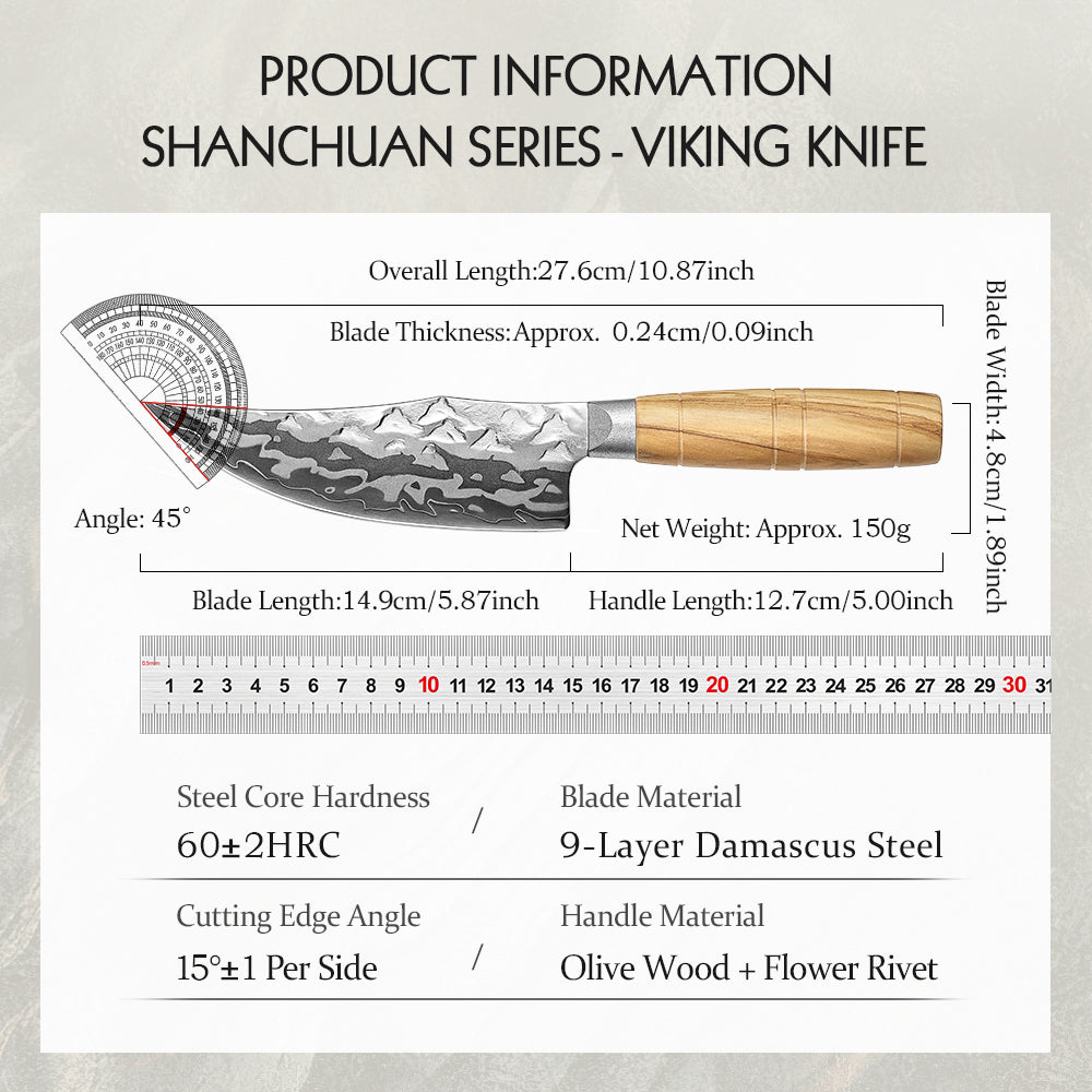 HEZHEN 5.9”Viking Knife Artisan 9-Layer Damascus, 12Cr18MoV Steel Core 60±2HRC Blade, Premium Gift Box