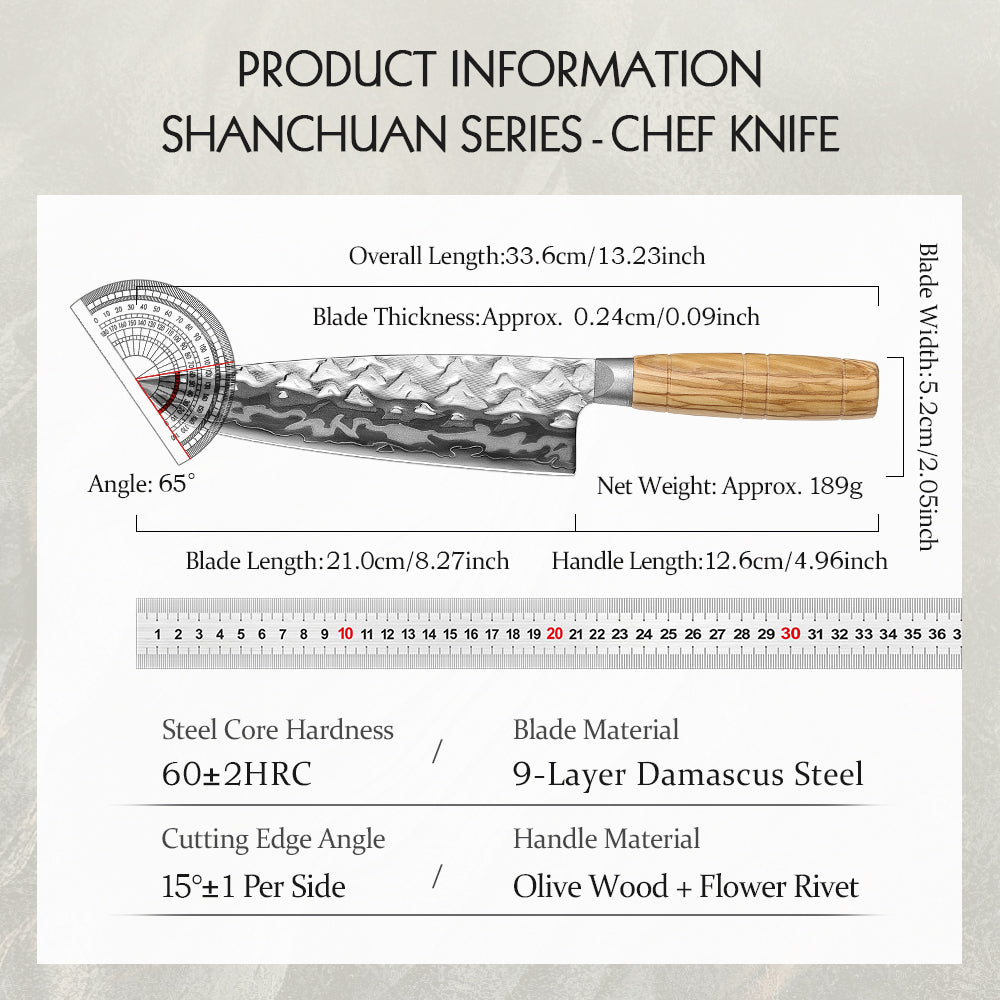 HEZHEN Premium 9‑Layer Damascus Chef‘s Knife – 12Cr18MoV Core, Olive Wood Handle & Ergonomic Relief