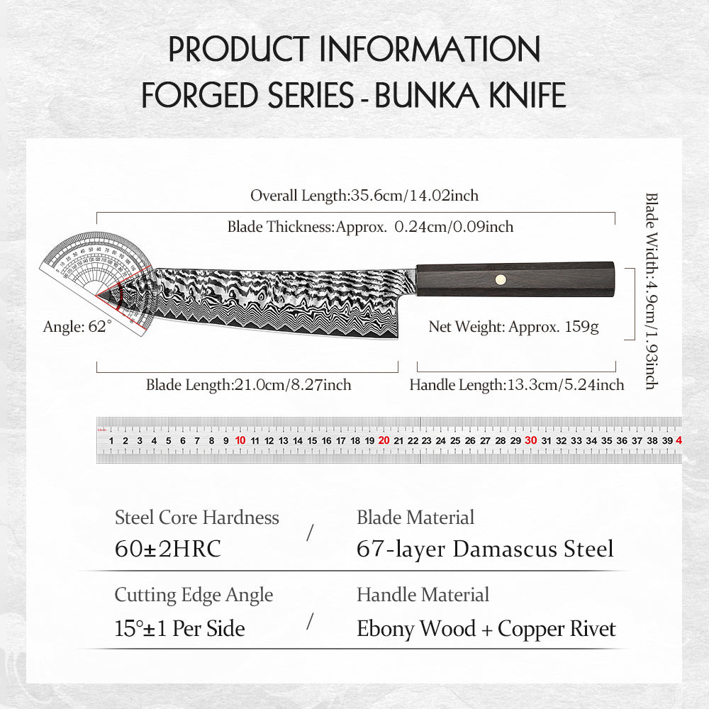 HEZHEN 8.3 Inch Forged Bunka Knife, Premium 67-Layer Damascus Steel Multipurpose Kitchen Knife, 10Cr15CoMoV Steel Core 60±2HRC Hardness