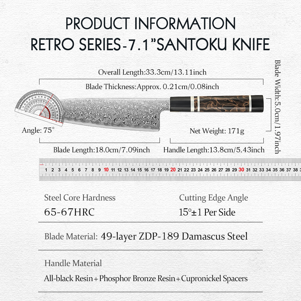 HEZHEN 7.1 Inch Japanese Santoku Knife, 49-Layer Damascus Steel, Hitachi ZDP-189 Powder Steel Core, Luxury Gift Box