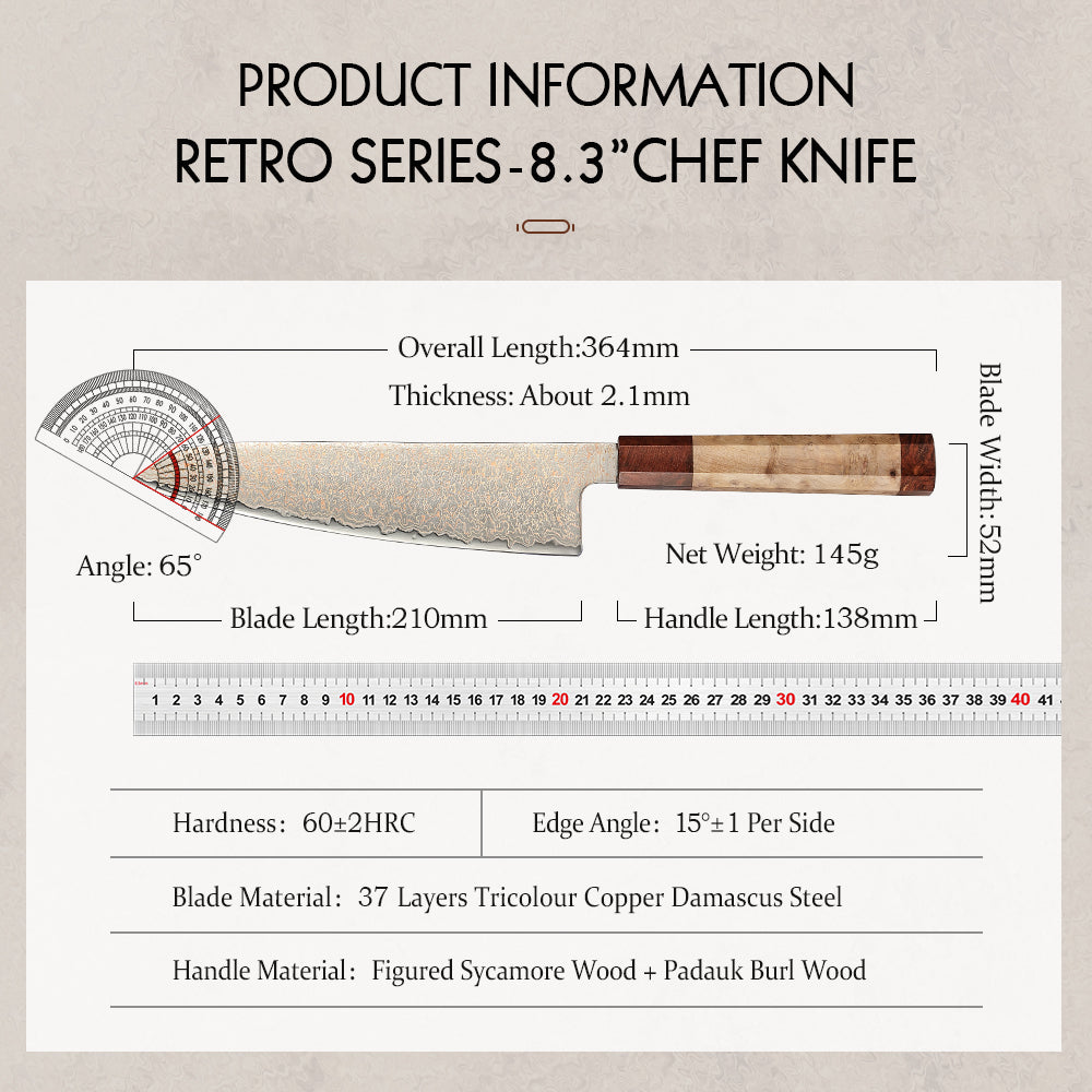 HEZHEN Chef Knife, 37 Tricolor Copper Damascus Steel Kitchen Knife, Professional Cooking Knife with Figured Sycamore Wood + Padauk Burl Wood