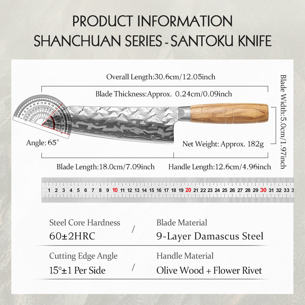 HEZHEN Versatile 9‑Layer Damascus Santoku – 3‑Virtue Blade with Olive Wood Handle