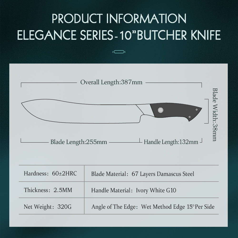 HEZHEN Damascus Steel 10” Butcher Knife 10Cr15CoMoV Steel Core Hammered Finish G10 Handle