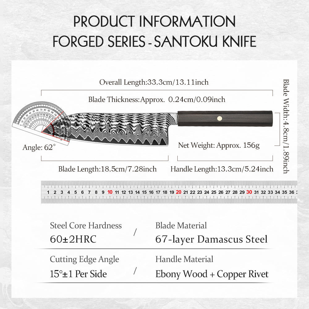 HEZHEN 7.3 Inch Multipurpose Santoku Knife, Hand Forged Damascus Kitchen Knife,15° Precision Edge, Ultra Sharp Balanced Cutting Knife