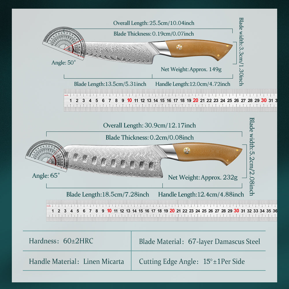 HEZHEN 2PCS Santoku & Utility Knife Set, 67-Layer Damascus Steel,High Hardness Steel Blade, Non-Slip Linen Micarta Handle, Multipurpose Precision Cutting Knives for Everyday Household Food Prep