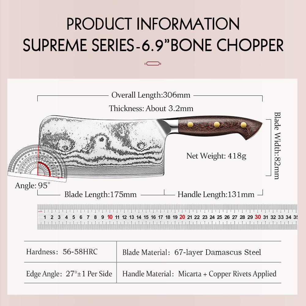 HEZHEN 6.9 Inches 67-Layer Damascus Bone Chopper – 7Cr17MoV Steel, Ergonomic Micarta Handle
