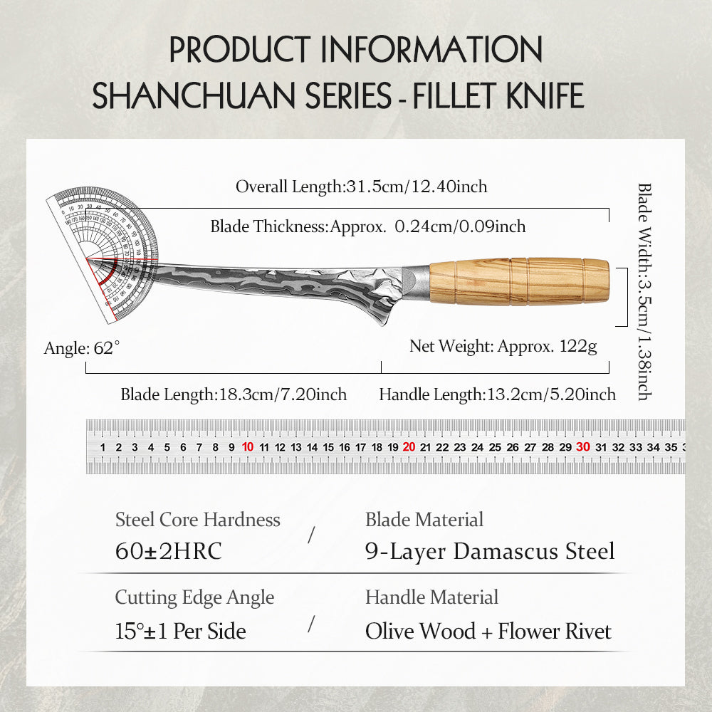 HEZHEN 7.2”Seafood Fillet Knife Professional 9-Layer Damascus,Razor Sharp Blade, Non-Slip Olive Wood Grip for Fish Deboning & Sashimi Cutting